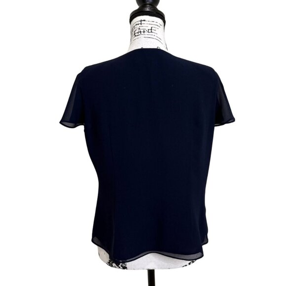 Jacques Vert Women's Size 10 Blouse Navy Blue Short Sleeve Top Floral Embroidery - Picture 3 of 9